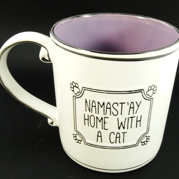 Namast'ay Home with a Cat Yoga Namaste Large Coffee Mug White Purple - Picture 4 of 8